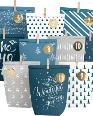 Advent Calendar for Filling, 24 Advent Bags for Crafts, Christmas Calendar to Fill Yourself, Printed Christmas Bags with Number Stickers to Fill Yourself (Blue/Grey)