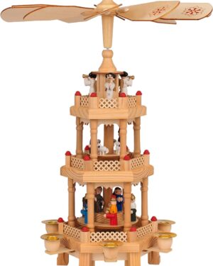 Spielwerk® Christmas Pyramid 3-Tier Rotatable Real Wood Hand-Painted Indoor