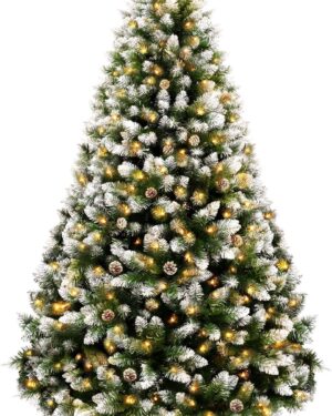 KOIUEYW 180 cm Artificial Christmas Tree with Snow & 300 LEDs, Christmas Tree with 856 Tips & Metal Stand, Christmas Tree with Lighting for Home, Office, Shops, Christmas Decoration