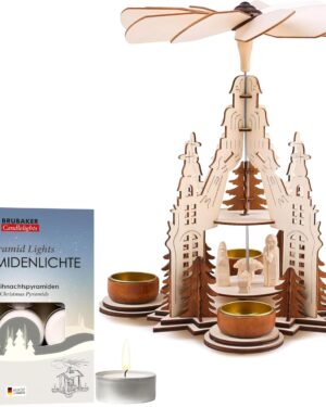 BRUBAKER Christmas Pyramid Cathedral Including Pack of 12 Pyramid Tea Lights - 29 cm Wooden Pyramid with Mary, Joseph and Jesus - Tea Light Pyramid for Christmas - Hand Painted - 2 Levels - Natural