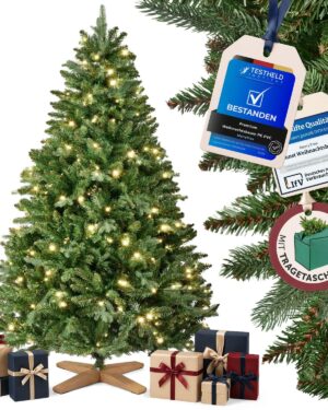 MerryTree Premium künstlicher Weihnachtsbaum 180 cm - Weihnachtsbaum künstlich aus naturgetreuem PVC + PE - Spritzguss Mix - Mit Beleuchtung