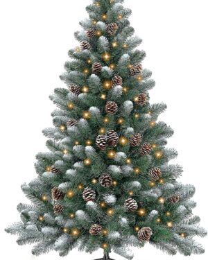 Artificial Christmas Tree 180 cm with Lighting and Pine Cones, Artificial Green Christmas Tree with Fairy Lights, Warm White, 8 Light Functions, Metal Stand, Christmas Decoration for Indoor and Outdoor Use