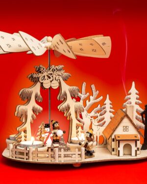 SIKORA P35e 2-in-1 Wooden Tea Light Christmas Pyramid Decorative Pyramid Incense Figure Forest with Smoking Hut