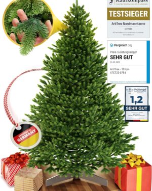 ArtiTree Artificial Christmas Tree [100% Injection Mould] - Lifelike Christmas Tree with Sturdy Top | North Spruce Including FSC Certified Wooden Stand & Tear-Resistant Bag (without Lighting, 210 cm)